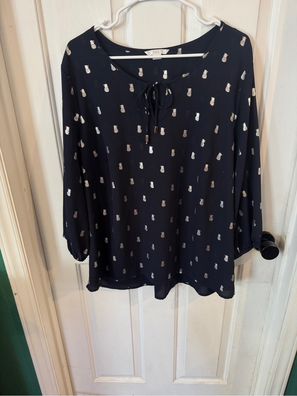Navy Tie-Neck Blouse with Metallic Pineapple Detail